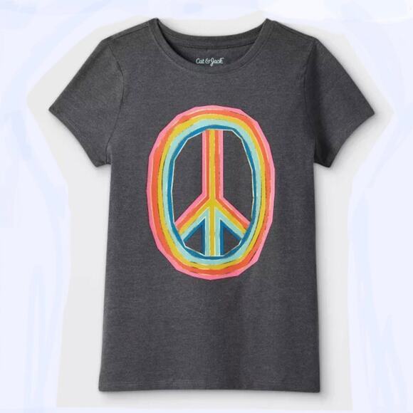 Peace Sign Graphic T-SHIRT Short Sleeve Girls LG 10/12 Rainbow Tee Top Grey NWT - Picture 4 of 4